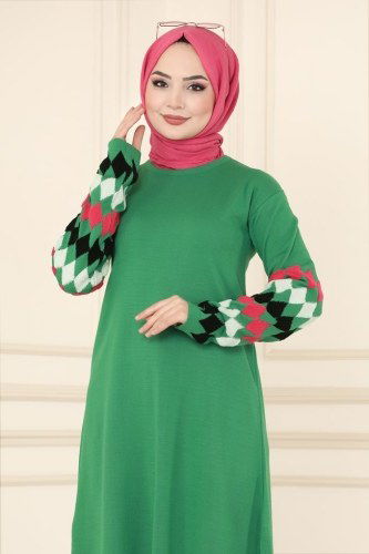 moda selvim Kolları Kabartma Desenli Triko Tunik 741MT581 Benetton Yeşili - Thumbnail