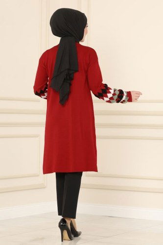 moda selvim Kolları Kabartma Desenli Triko Tunik 741MT581 Bordo - Thumbnail