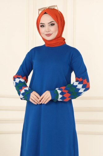moda selvim Kolları Kabartma Desenli Triko Tunik 741MT581 Saks - Thumbnail
