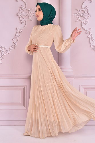 moda selvim فستان سهرة NEV14810-M بيج - Thumbnail