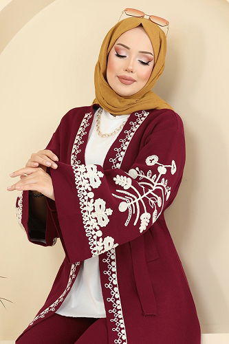 moda selvim Kolları Nakış İşlemeli Takım 512MT581 Bordo - Thumbnail