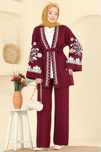 moda selvim Kolları Nakış İşlemeli Takım 512MT581 Bordo - Thumbnail