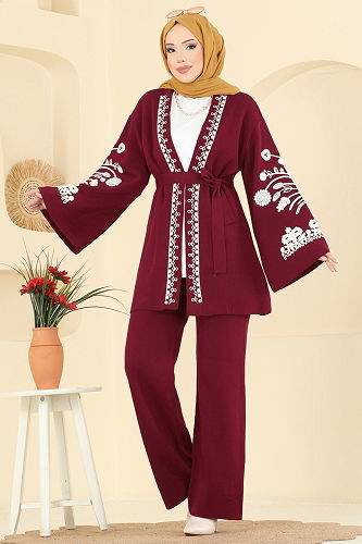 moda selvim Kolları Nakış İşlemeli Takım 512MT581 Bordo - Thumbnail