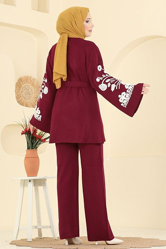 moda selvim Kolları Nakış İşlemeli Takım 512MT581 Bordo - Thumbnail