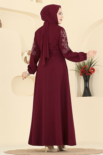 moda selvim Kolları Nakışlı Dabıl Ferace 2768SL432 Bordo - Thumbnail