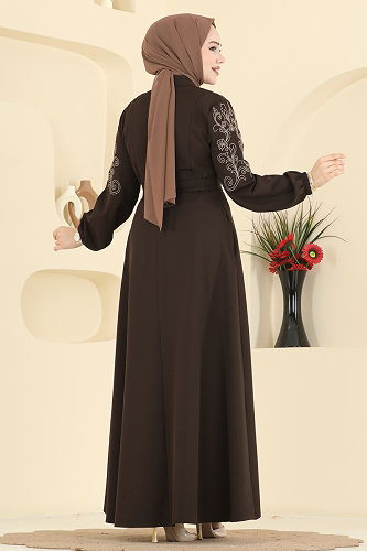 moda selvim Kolları Nakışlı Dabıl Ferace 2768SL432 Koyu Kahve - Thumbnail