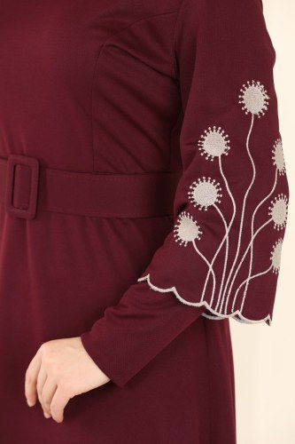 moda selvim Kolları Nakışlı Mira Elbise 1504UKB139 Bordo - Thumbnail