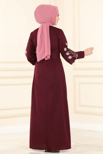 moda selvim Kolları Nakışlı Mira Elbise 1504UKB139 Bordo - Thumbnail