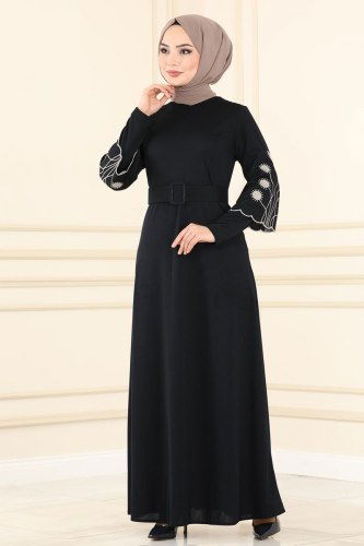 moda selvim Kolları Nakışlı Mira Elbise 1504UKB139 Laci - Thumbnail