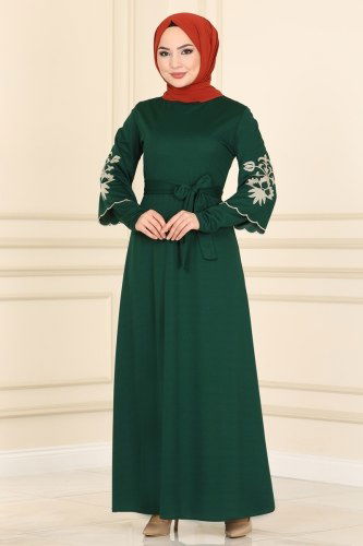 moda selvim Kolları Nakışlı Mira Elbise 1520UKB139 Zümrüt - Thumbnail