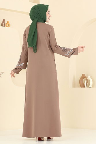 moda selvim Kolları Nakışlı Pardesü Ferace 23013UKB139 Koyu Vizyon - Thumbnail