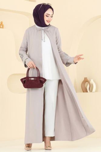moda selvim Kolları Nakışlı Pardesü Ferace 23013UKB139 Taş - Thumbnail