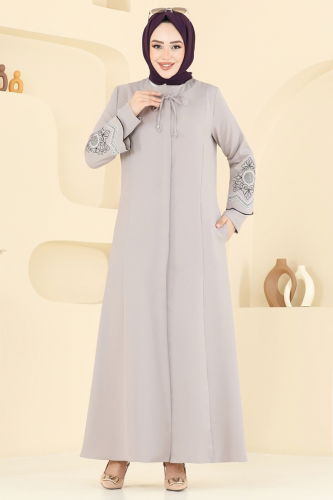 moda selvim Kolları Nakışlı Pardesü Ferace 23013UKB139 Taş - Thumbnail
