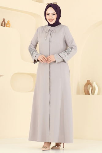 moda selvim Kolları Nakışlı Pardesü Ferace 23013UKB139 Taş - Thumbnail