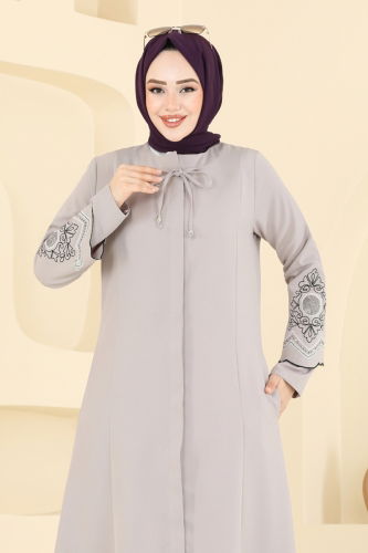 moda selvim Kolları Nakışlı Pardesü Ferace 23013UKB139 Taş - Thumbnail