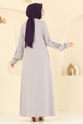 moda selvim Kolları Nakışlı Pardesü Ferace 23013UKB139 Taş - Thumbnail