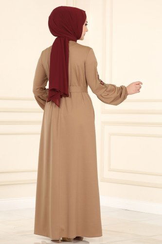 moda selvim Kolları Nakışlı Tesettür Elbise 1660SH396 Latte - Thumbnail