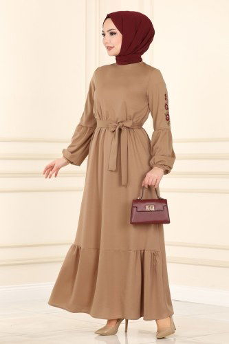 moda selvim Kolları Nakışlı Tesettür Elbise 1660SH396 Latte - Thumbnail