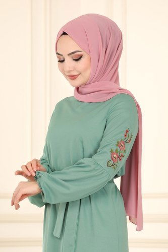 moda selvim Kolları Nakışlı Tesettür Elbise 1660SH396 Mint - Thumbnail