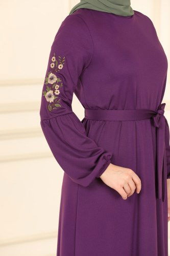 moda selvim Kolları Nakışlı Tesettür Elbise 1660SH396 Mor - Thumbnail
