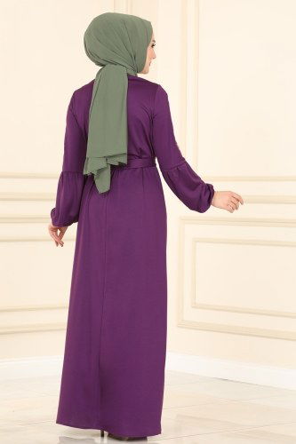 moda selvim Kolları Nakışlı Tesettür Elbise 1660SH396 Mor - Thumbnail
