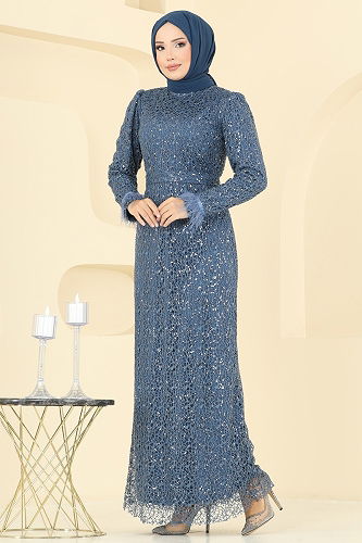 moda selvim Kolları Otriş Detaylı Abiye 8090AB368 İndigo - Thumbnail