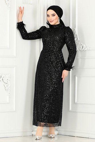 moda selvim Kolları Otrişli Abiye 6570YG95 Siyah - Thumbnail