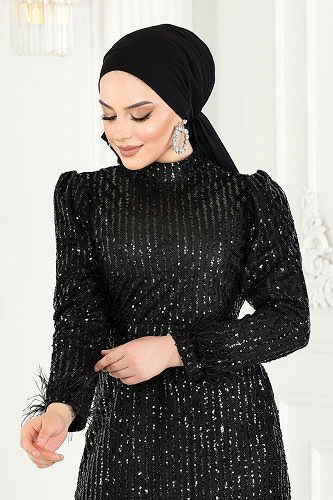 moda selvim Kolları Otrişli Abiye 6570YG95 Siyah - Thumbnail