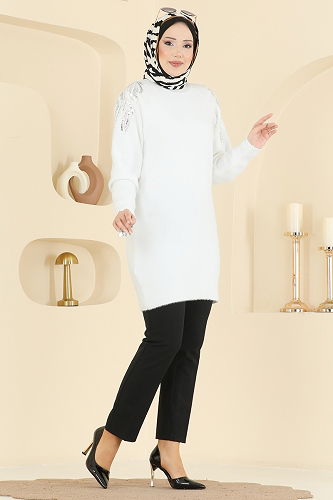 moda selvim Kolları Pullu Triko Tunik 1426MT581 Ekru - Thumbnail