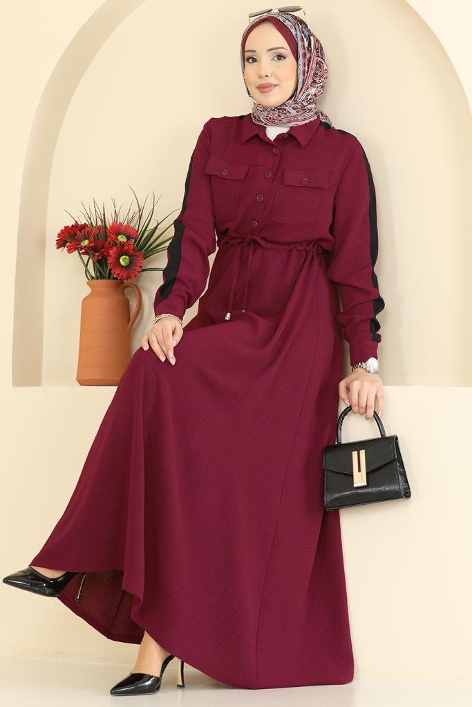 Kolları Şerit Detaylı Elbise PL9209 Bordo