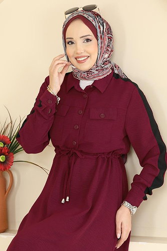 moda selvim Kolları Şerit Detaylı Elbise PL9209 Bordo - Thumbnail