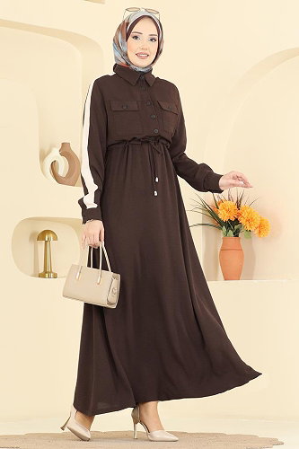 moda selvim Kolları Şerit Detaylı Elbise PL9209 Kahve - Thumbnail