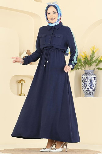 moda selvim Kolları Şerit Detaylı Elbise PL9209 Laci - Thumbnail