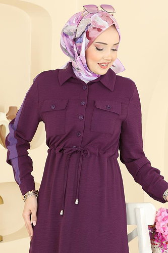 moda selvim Kolları Şerit Detaylı Elbise PL9209 Mor - Thumbnail