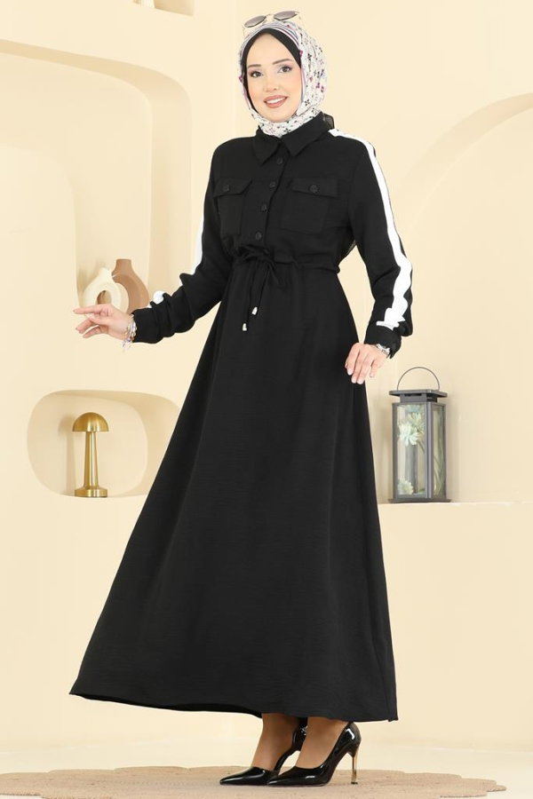 Modaselvim Elbise Kolları Şerit Detaylı Elbise PL9209 Siyah