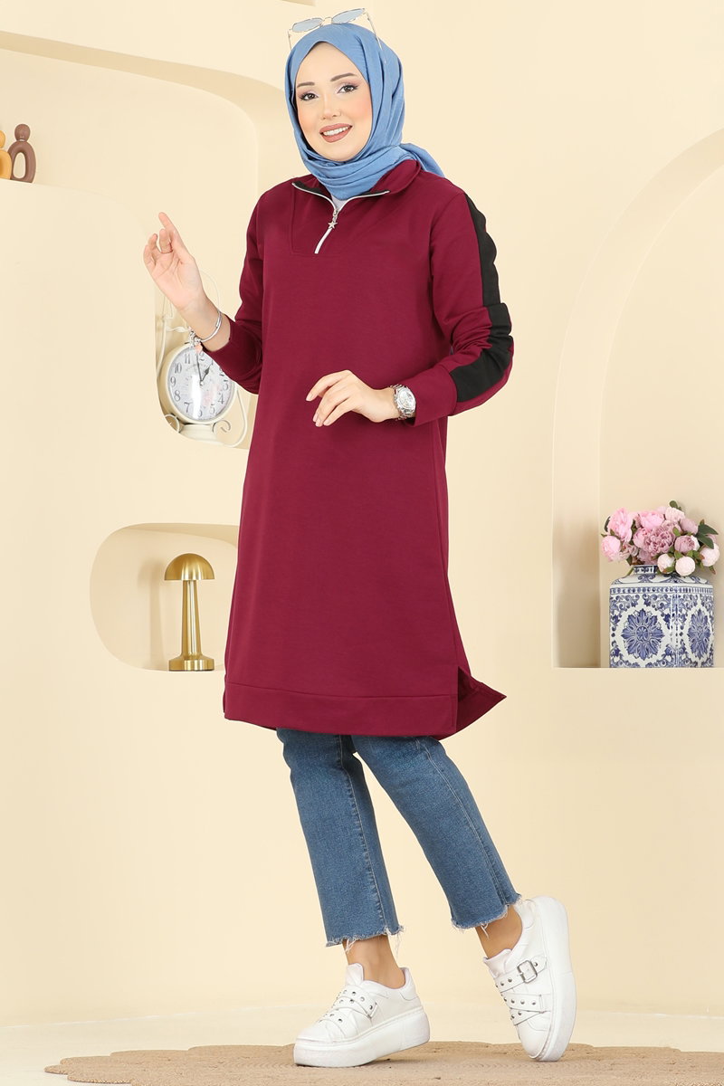 Kolları Şeritli İki İplik Tunik 1006ETT926 Bordo