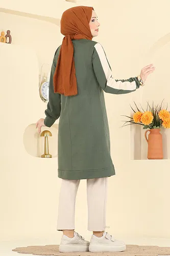 moda selvim Kolları Şeritli İki İplik Tunik 1006ETT926 Haki - Thumbnail