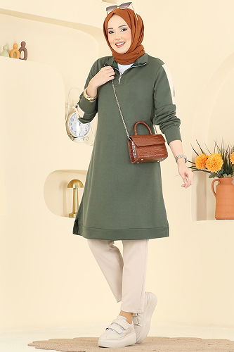 moda selvim Kolları Şeritli İki İplik Tunik 1006ETT926 Haki - Thumbnail