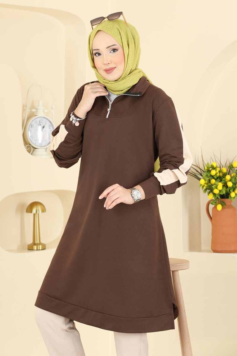 Kolları Şeritli İki İplik Tunik 1006ETT926 Kahve