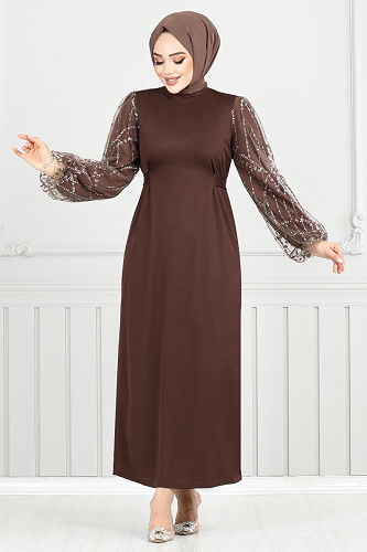 moda selvim Kolları Sim Detaylı Abiye 5602END900-M Kahve - Thumbnail