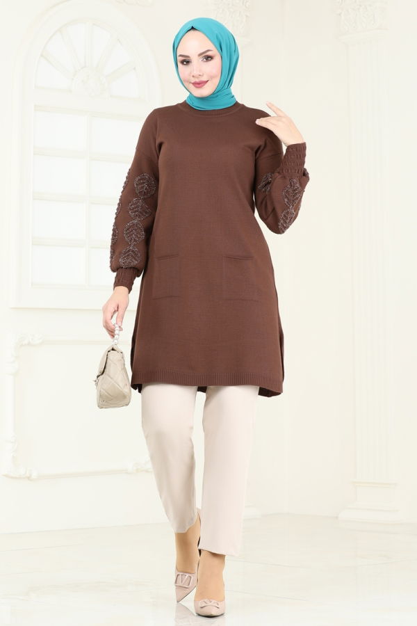 Modaselvim Tunik Kolları Sim Geçişli Triko Tunik 3008AYD574 Kahve