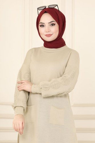 moda selvim Kolları Sim Geçişli Triko Tunik 3008AYD574 Krem - Thumbnail