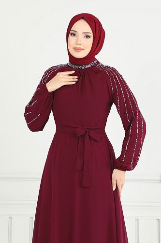 moda selvim Kolları Taş Detaylı Abiye 2420ANT466 Bordo - Thumbnail