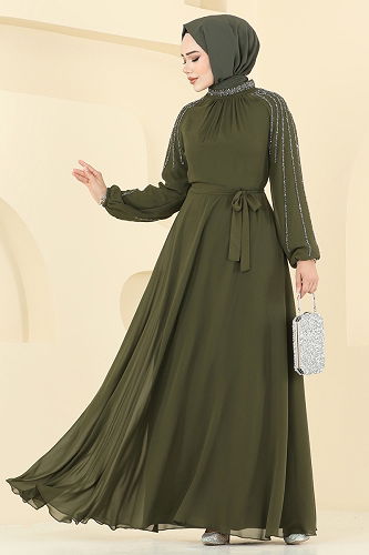 moda selvim Kolları Taş Detaylı Abiye 2420ANT466 Haki - Thumbnail