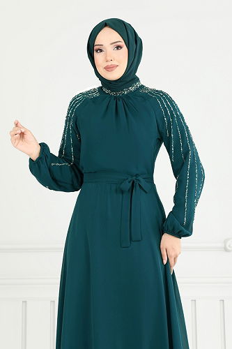 moda selvim Kolları Taş Detaylı Abiye 2420ANT466 Petrol - Thumbnail