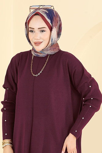 moda selvim Kolları Taş Detaylı Tunik 1097KLN570 Bordo - Thumbnail