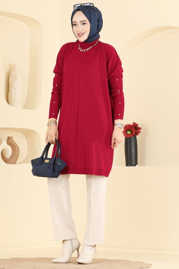 Modaselvim Tunik Kolları Taş Detaylı Tunik 1097KLN570 Kırmızı