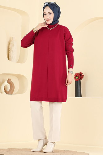 moda selvim Kolları Taş Detaylı Tunik 1097KLN570 Kırmızı - Thumbnail