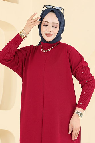 moda selvim Kolları Taş Detaylı Tunik 1097KLN570 Kırmızı - Thumbnail
