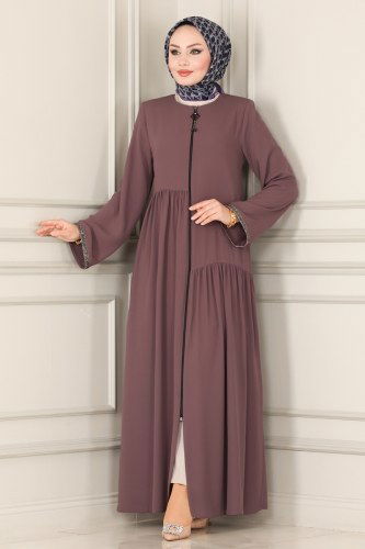 moda selvim Kolları Taş İşlemeli Ferace 2096EDM718 Lila - Thumbnail